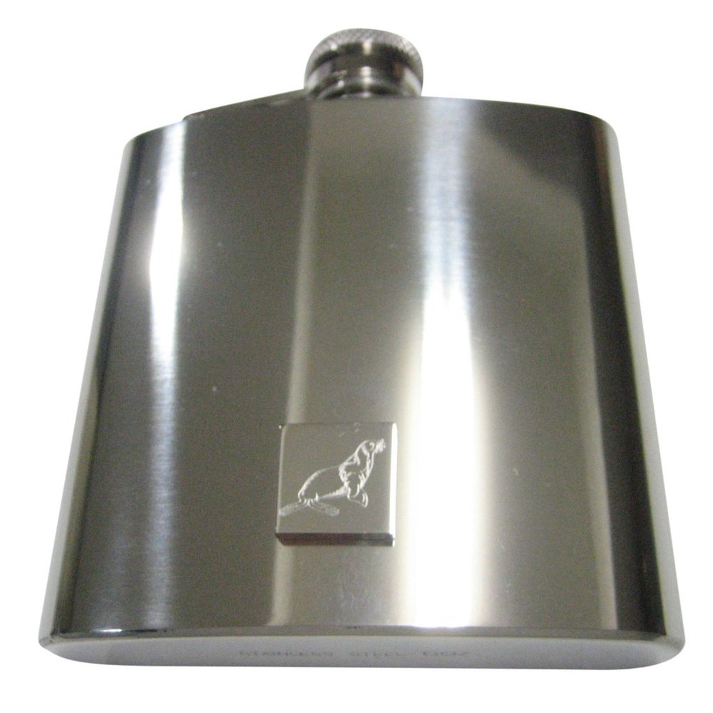 Silver Toned Square Etched Sea Lion 6oz Flask